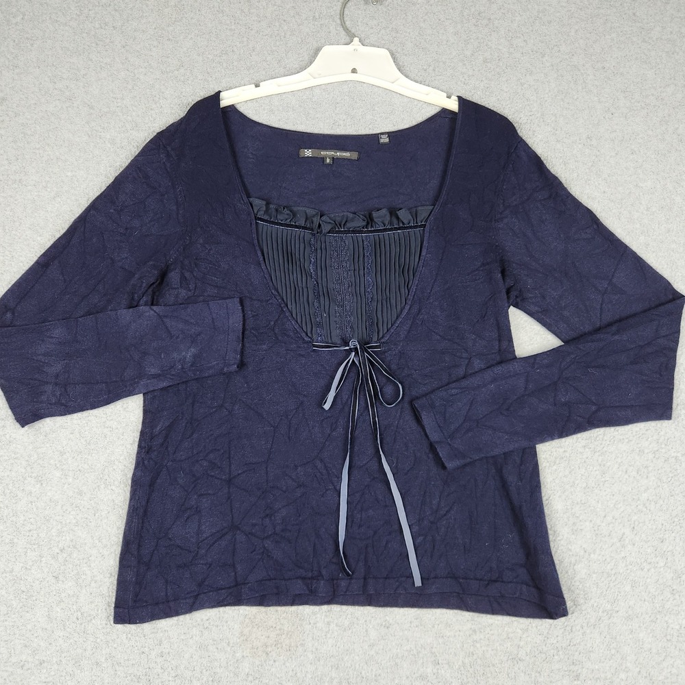 Coupe Blouse Top Women Large Navy Blue Pleated Bib Ruffle Ribbon Tie Long Sleeve
